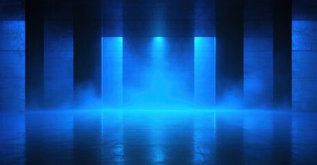 Fototapeta premium Empty stage. Blue lighting creates dramatic effect. Fog covers glossy floor. Concrete pillars frame central space. Minimalist design.
