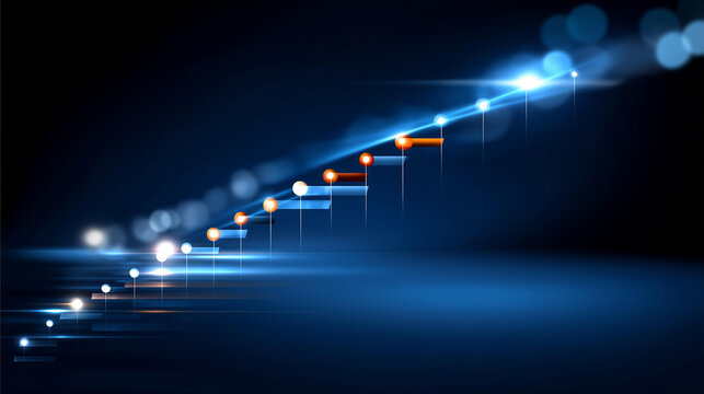 Business project timeline diagram with glowing milestones from planning and market research through product launch, company growth roadmap concept, with copy space