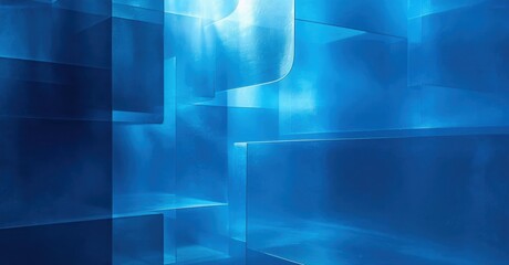 Obraz premium Abstract blue geometric shapes create dynamic composition. Light reflects off surfaces, forming shadows, depth. Modern design.