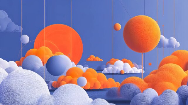 Abstract landscape with orange and blue spheres floating among fluffy clouds in a vibrant blue sky, creating a whimsical and imaginative visual experience