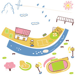 野球場やサッカーコートを備えた開放的な地域スポーツ拠点のマップセット、河川敷のグラウンドや体育館にスケボー場も完備した運動施設の俯瞰イラスト
