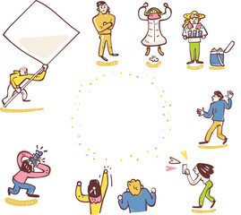 地域スポーツを応援し支える大人たちの活動イラストセット、マネージャーやスタッフのICT連絡・保護者のビデオ撮影など現代的な運営風景
