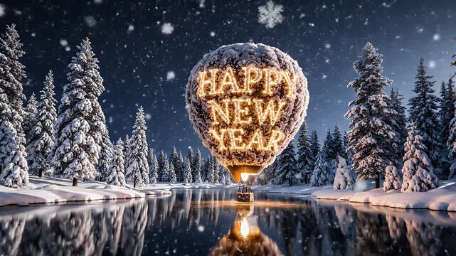 Serene Snow-Covered Night Scene Featuring a Glowing Happy New Year Hot Air Balloon Over Frosty Trees and Ice