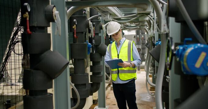 Professional industrial engineer is inspecting pipeline machinery in a modern facility, focusing on structural safety, strict quality control and optimizing daily operations.