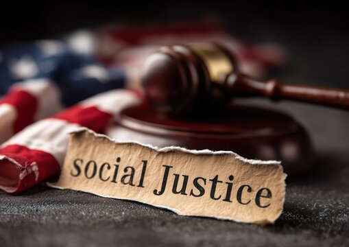 American Gavel with Social Justice Text and Flag for Legal and Advocacy Projects