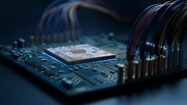 Illuminated circuit board with central processing unit and connected colored wires