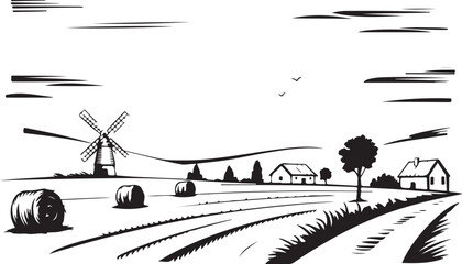 windmill illustration of fields hay bales barns trees and sky © AIcon Star