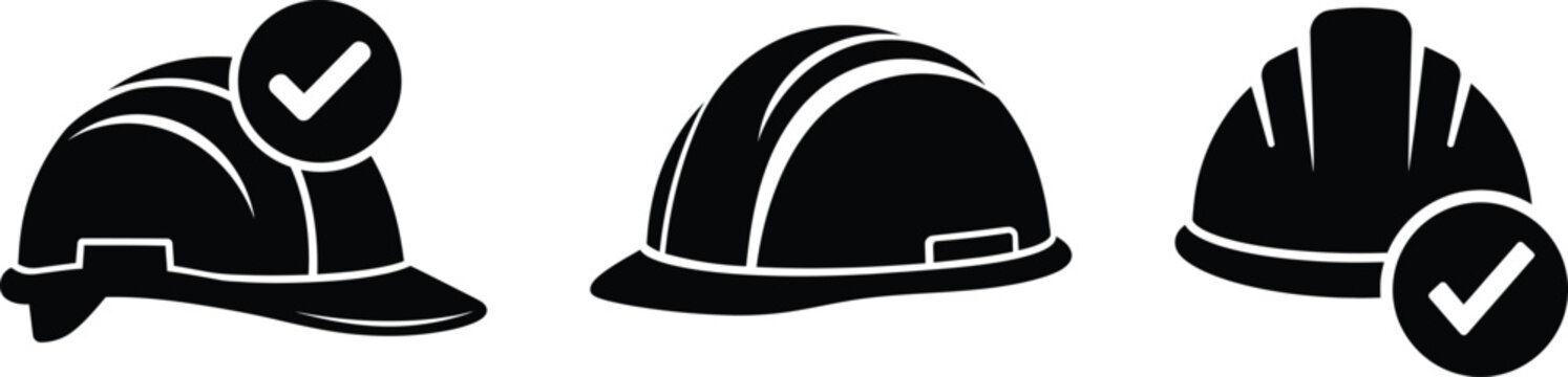 Three black hard hats with white outlines and checkmarks