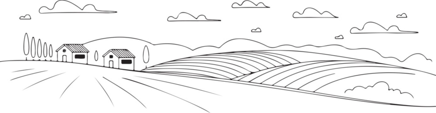 landscape countryside sketch fields trees birds clouds