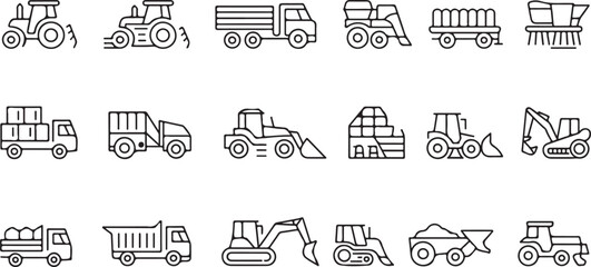 tractor line icons farming construction machinery vector symbol set