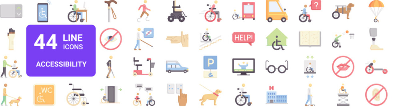Set of 44 thin line accessibility icons. Disabled, wheelchair, prosthetic, assistant, sign language pack. Outline vector illustration for web and mobile