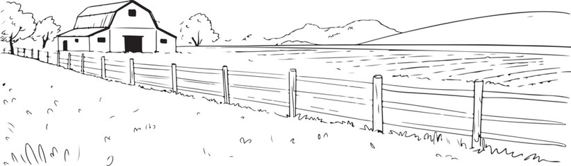 barn countryside sketch showing fence pasture silo and fields © AIcon Star