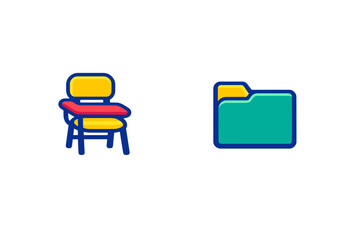 Fototapeta premium A colorful illustration featuring a school desk with a red top and yellow seat next to a green file folder with a yellow tab, both set against a solid black background.