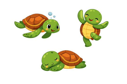 Three cute cartoon turtles are shown in different poses against a black background. One turtle is swimming with bubbles, another is dancing happily, and the third is sleeping peacefully.