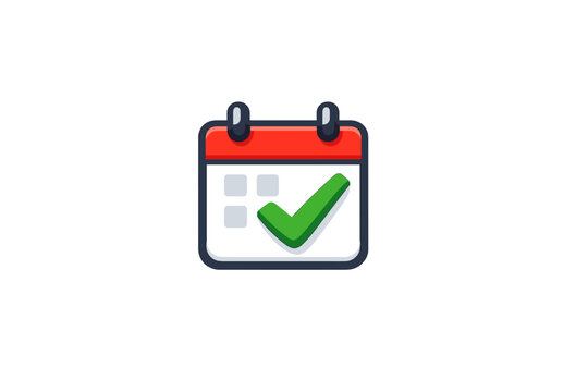 This vector illustration features a calendar icon with a red top and a prominent green checkmark, symbolizing a finished task, successful planning, or a confirmed date.