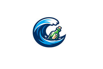 Obraz premium A stylized vector illustration of a green glass bottle containing a rolled paper message, floating inside a large, curling blue ocean wave against a black background.