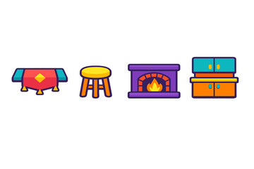 A set of four colorful flat vector icons representing home furniture including a table with a red runner, a wooden stool, a purple fireplace with a fire, and a kitchen cabinet.