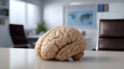 A detailed human brain rests on a desk in a bright modern office setting with a world map symbolizing intellect and knowledge