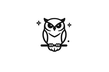 Fototapeta premium A minimalist line art illustration of an owl perched on a branch, featuring two small stars on either side of its head, set against a solid black background for a clean look.