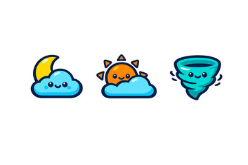 Naklejka premium A set of three kawaii weather illustrations including a crescent moon with a cloud, a bright sun with a cloud, and a swirling tornado, all with friendly smiling faces on black.