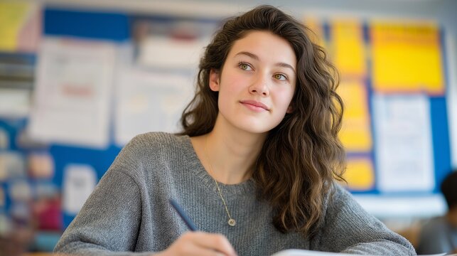 Bored student doodling on the side of her math homework while the teacher writes equations on the board, capturing the contrast of focus and distraction. Bright classroom with colorful charts and