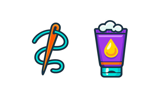 A colorful illustration featuring a needle with blue thread and a purple tube of cream with a yellow drop and white foam, set against a solid black background.