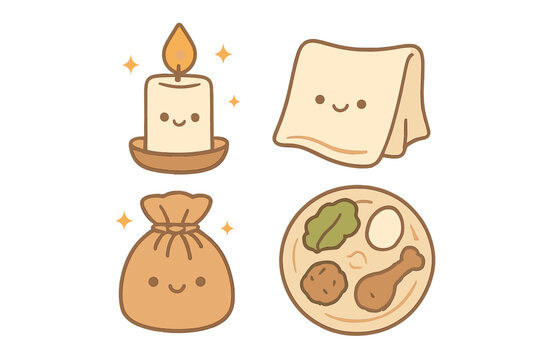 A collection of four cute cartoon characters representing Passover symbols, including a lit candle, matzah bread, a pouch, and a Seder plate with traditional food items on a black background.