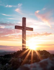 A wooden cross is lit up by the sun, creating a serene and peaceful atmosphere