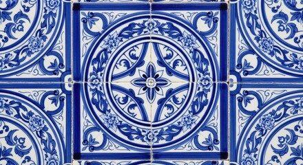 Fototapeta premium Decorative blue and white tile pattern design with repeating floral elements