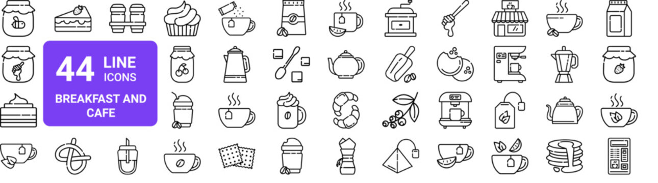 Set of 44 thin line breakfast and cafe icons including honey jar, pancakes, croissants, coffee cup, teapot, cookies, bagel, cake pack vector illustration