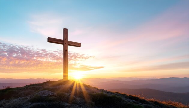 Good Friday background with a cross on the hill at sunset