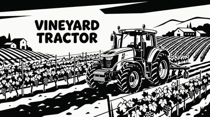 tractor farm vineyard field machinery rural harvest grape crop landscape equipment industry design black and white vector illustration