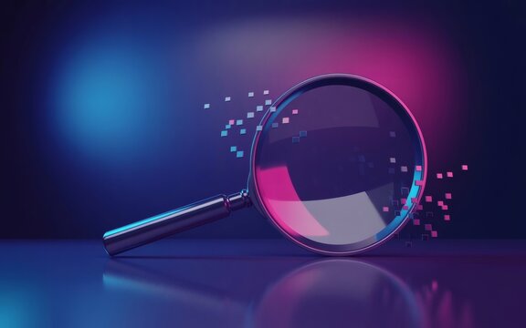 Cyberpunk Glowing Magnifying Glass Digital Search Icon with Neon Pixels on Gradient