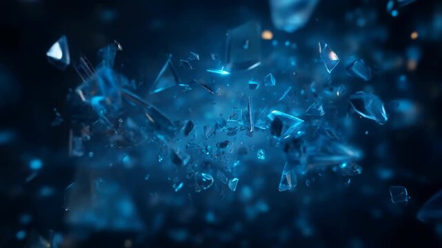 Shattered glass blue abstract sharp broken fragment dynamic floating transparent dramatic digital art background with flying fragments, jagged explosion, chaos, energy, motion, crystal texture
