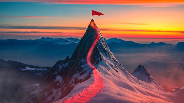 Mountain peak with red flag at sunset symbolizing leadership and achievement