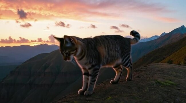 Majestic tabby cat silhouetted against a vibrant sunset in a mountainous landscape