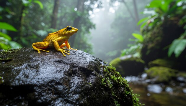 Golden Poison Frog Phyllobates Terribilis on Rock in Misty Rainforest