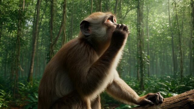 Pensive monkey looks upwards into sunlit forest canopy with contemplative pose