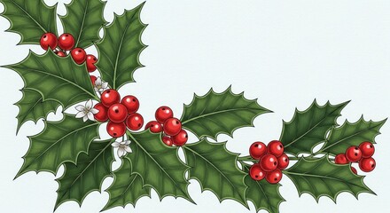 Obraz premium Decorative sprig of holly with red berries and green leaves on white background
