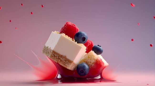 A slice of cheesecake topped with berries splashes into vibrant red sauce