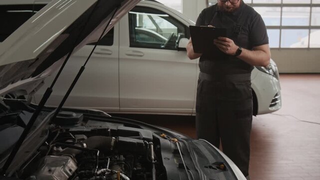 Medium shot of young Caucasian male garage mechanic walking around customer car with raised hood, checking out required repairs, filling out order sheet while preparing service estimate for customer