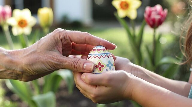 Adult mother of grandmother hand passes colorful Easter egg to child's hand in a blooming orchard with flowers and trees, symbolizing springtime joy and family traditions