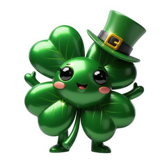A cheerful four-leaf clover with a green top hat and bow tie celebrating st patrick's day