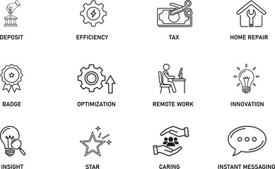 Naklejka premium Set of Thin Line Business Icons Including Deposit, Optimization, Remote Work, Innovation, Tax, Home Repair, Insight, and Instant Messaging Symbols