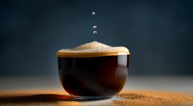 Rich dark coffee with frothy foam overflowing from a glass cup