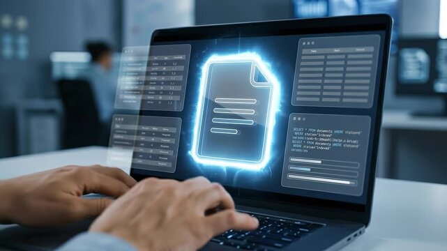 Glowing digital document icon laptop screen with hands typing modern office conveying secure file transfer cloud storage access and data management workflow with hands keyboard data panels file