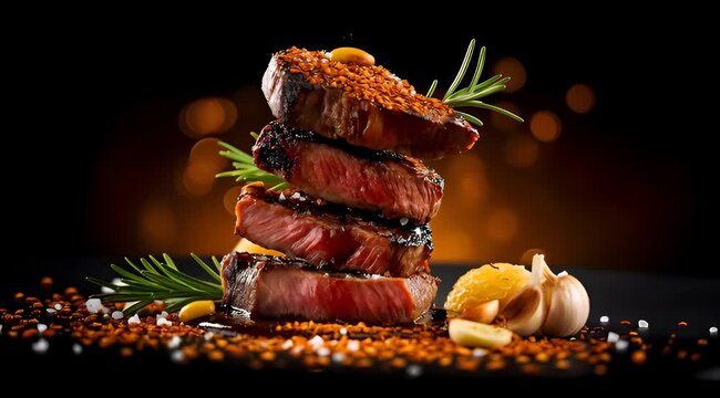 A stack of grilled steak slices with rosemary and garlic garnish on a dark background