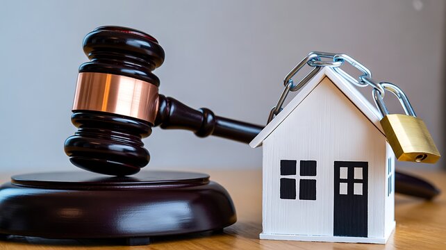 Judge gavel with house model and padlock symbolizing property law and security