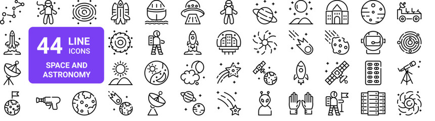Set of 44 thin line space and astronomy icons. Astronaut, rocket, satellite, planet, galaxy, constellation, telescope pack. Vector illustration © MacroOne