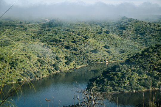 Foggy Almonte River valley and meander, Caceres Spain